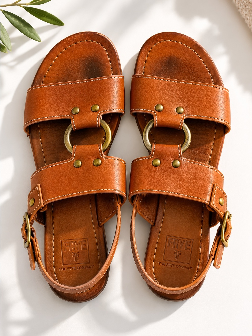 Frye Women’s Tan Leather Slingback Sandals Size US 6.5M Brass Ring Flat  Sandals